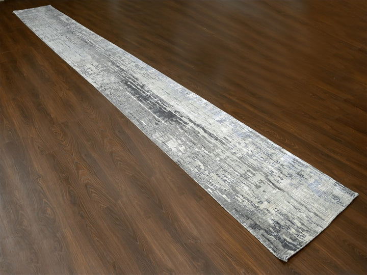 2'9" x 23'8" New Hand Knotted Grey Wool & Silk Runner Oriental Rug - MOA10284728