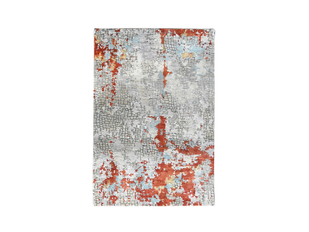 3'1" x 5'0" New Hand Knotted Grey Wool & Silk Rectangle Oriental Rug - MOA10284743
