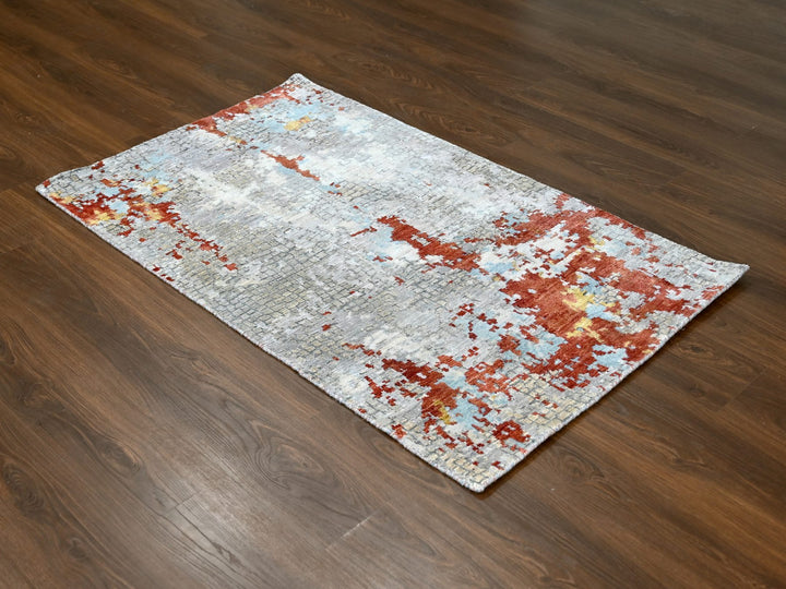 3'1" x 5'0" New Hand Knotted Grey Wool & Silk Rectangle Oriental Rug - MOA10284743