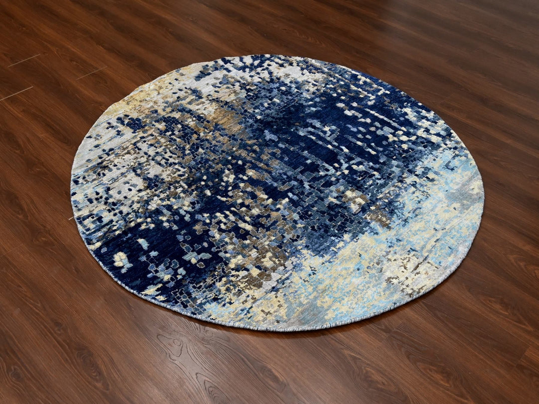 5'10" x 5'11" New Hand Knotted Blue Wool & Silk Round Oriental Rug - MOA10284752