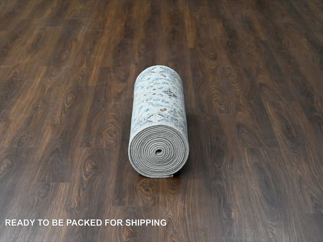 2'7" x 21'8" New Hand Knotted Grey Wool Runner Oriental Rug - MOA10284808