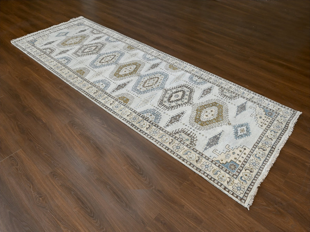 4'3" x 12'0" New Hand Knotted Grey Wool Runner Oriental Rug - MOA10284818