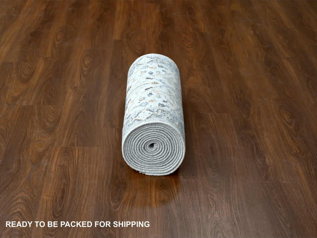 2'5" x 17'9" New Hand Knotted Grey Wool Runner Oriental Rug - MOA10284842