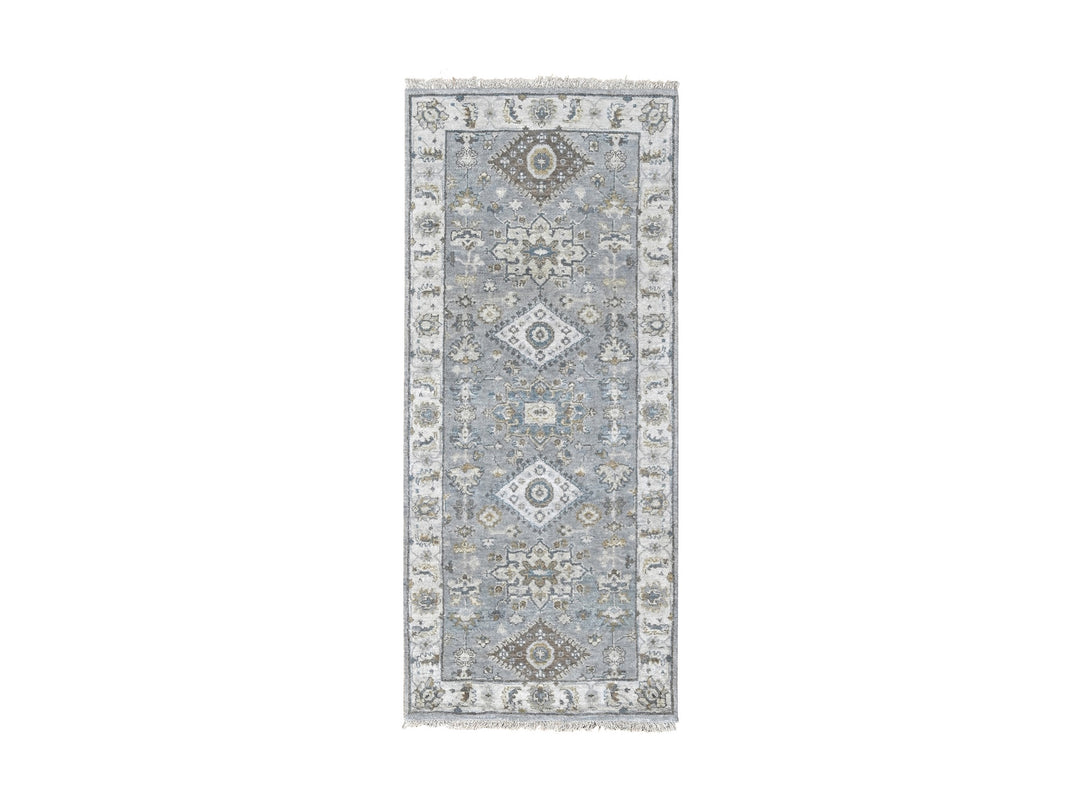 2'7" x 6'0" New Hand Knotted Grey Wool Runner Oriental Rug - MOA10284908