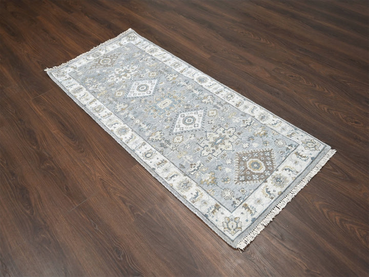 2'7" x 6'0" New Hand Knotted Grey Wool Runner Oriental Rug - MOA10284908