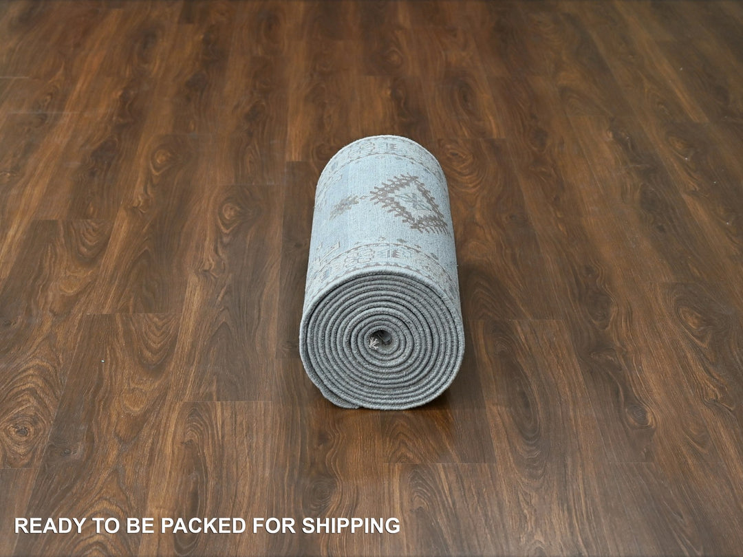 2'7" x 19'9" New Hand Knotted Grey Wool Runner Oriental Rug - MOA10284923