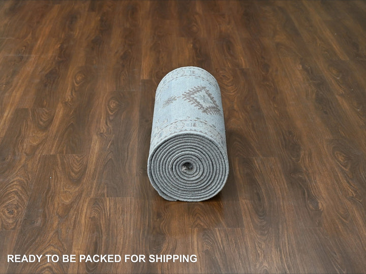2'7" x 19'9" New Hand Knotted Grey Wool Runner Oriental Rug - MOA10284923