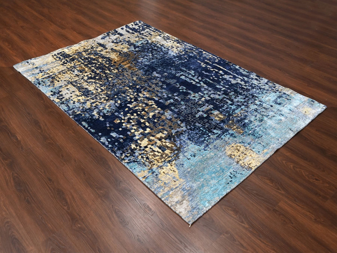 6'1" x 8'10" New Hand Knotted Blue Wool Rectangle Oriental Rug - MOA10284990