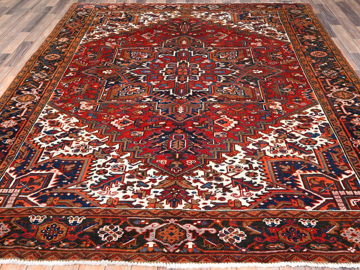 7'5" x 8'10" Vintage Hand Knotted Red Worn Wool Rectangle Oriental Rug - MOA10285681