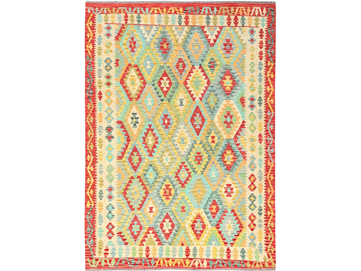 6'8" x 9'10" New Hand Woven Green Wool Rectangle Oriental Rug - MOA10285704