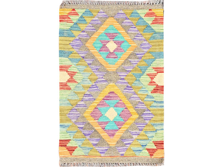 1'10" x 3'0" New Hand Woven Green Wool Rectangle Oriental Rug - MOA10285745