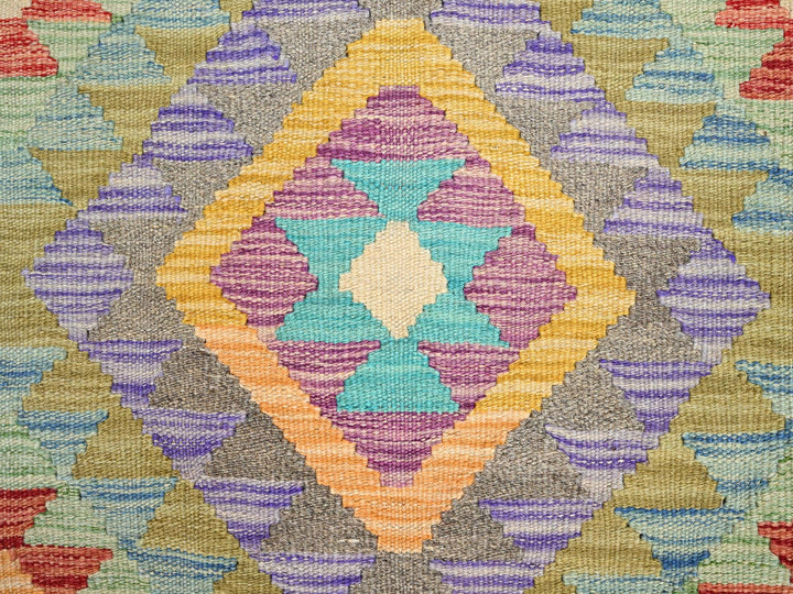 1'10" x 3'0" New Hand Woven Green Wool Rectangle Oriental Rug - MOA10285745