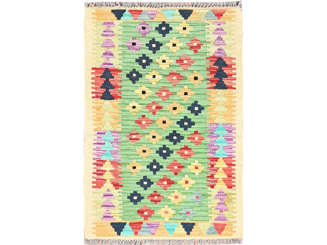 2'0" x 3'0" New Hand Woven Green Wool Rectangle Oriental Rug - MOA10285749