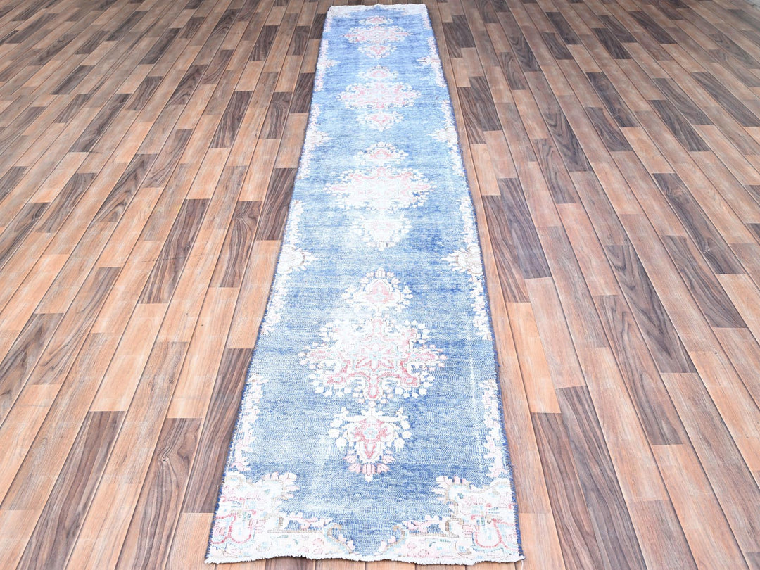 2'1" x 12'0" Vintage Hand Knotted Blue Wool Runner Oriental Rug - MOA10285778