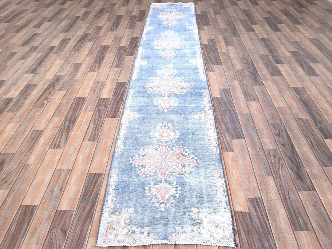 2'1" x 11'9" Vintage Hand Knotted Blue Wool Runner Oriental Rug - MOA10285779