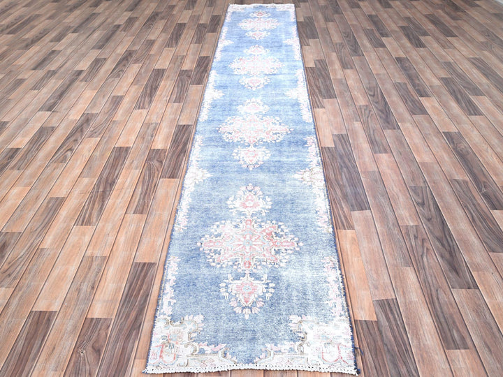 2'1" x 11'9" Vintage Hand Knotted Blue Wool Runner Oriental Rug - MOA10285779