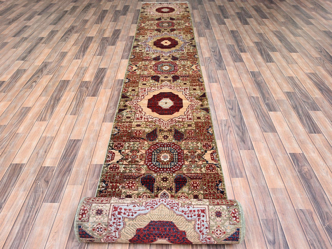 2'4" x 24'7" New Hand Knotted Green Wool Runner Oriental Rug - MOA10285847