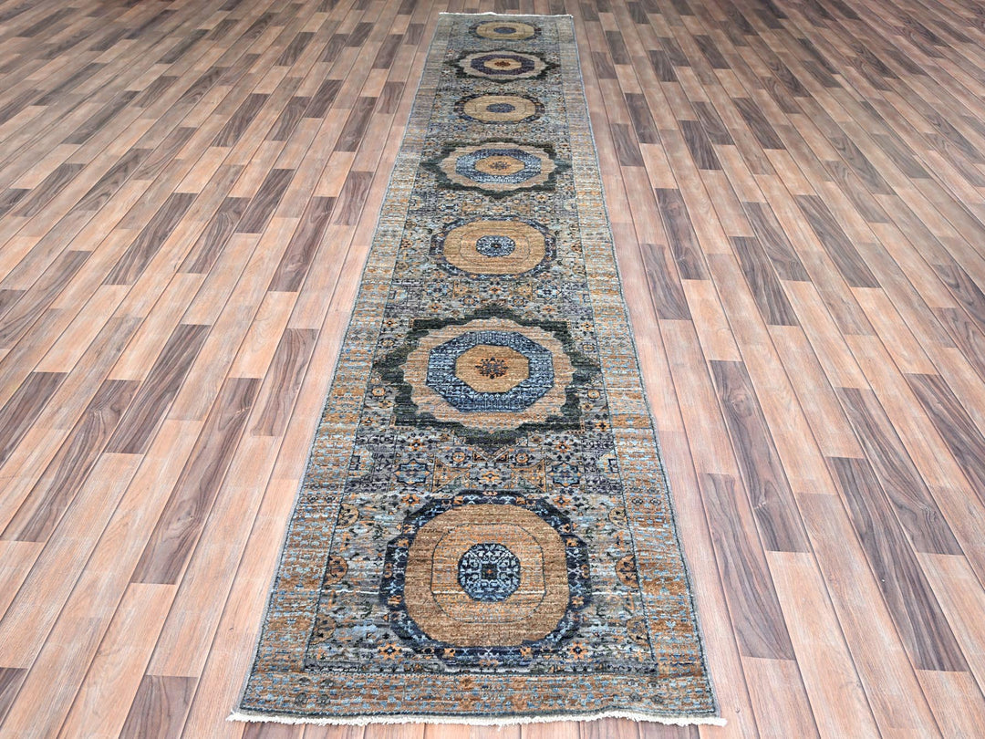 2'6" x 13'9" New Hand Knotted Blue Wool Runner Oriental Rug - MOA10285849