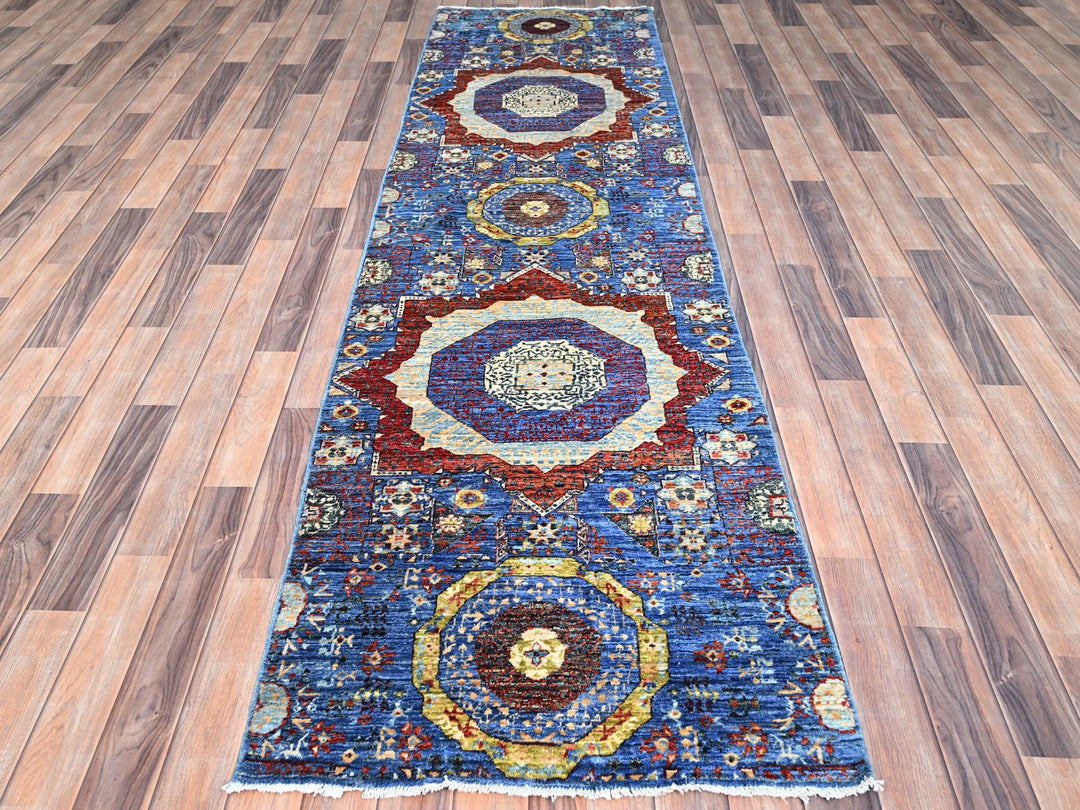 2'8" x 9'10" New Hand Knotted Blue Wool Runner Oriental Rug - MOA10285851