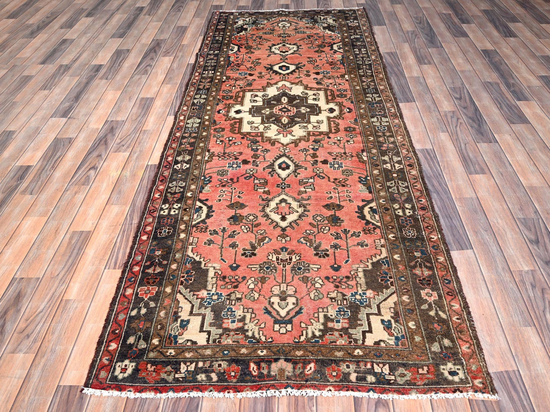 3'7" x 9'2" Vintage Hand Knotted Pink Wool Runner Oriental Rug - MOA10285970