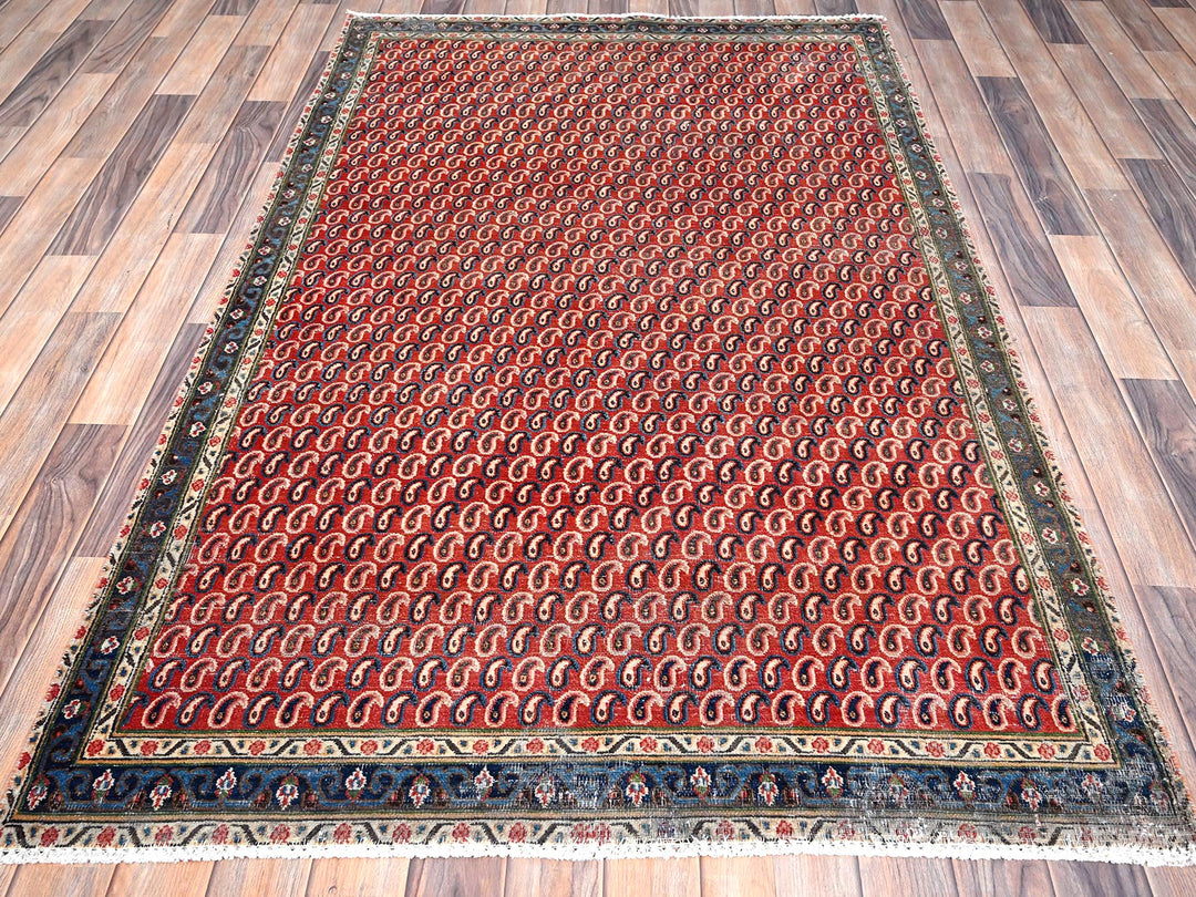 4'1" x 6'7" Vintage Hand Knotted Red Wool Runner Oriental Rug - MOA10285976