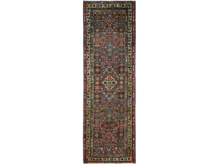 3'5" x 10'4" Vintage Hand Knotted Brown Wool Runner Oriental Rug - MOA10285985