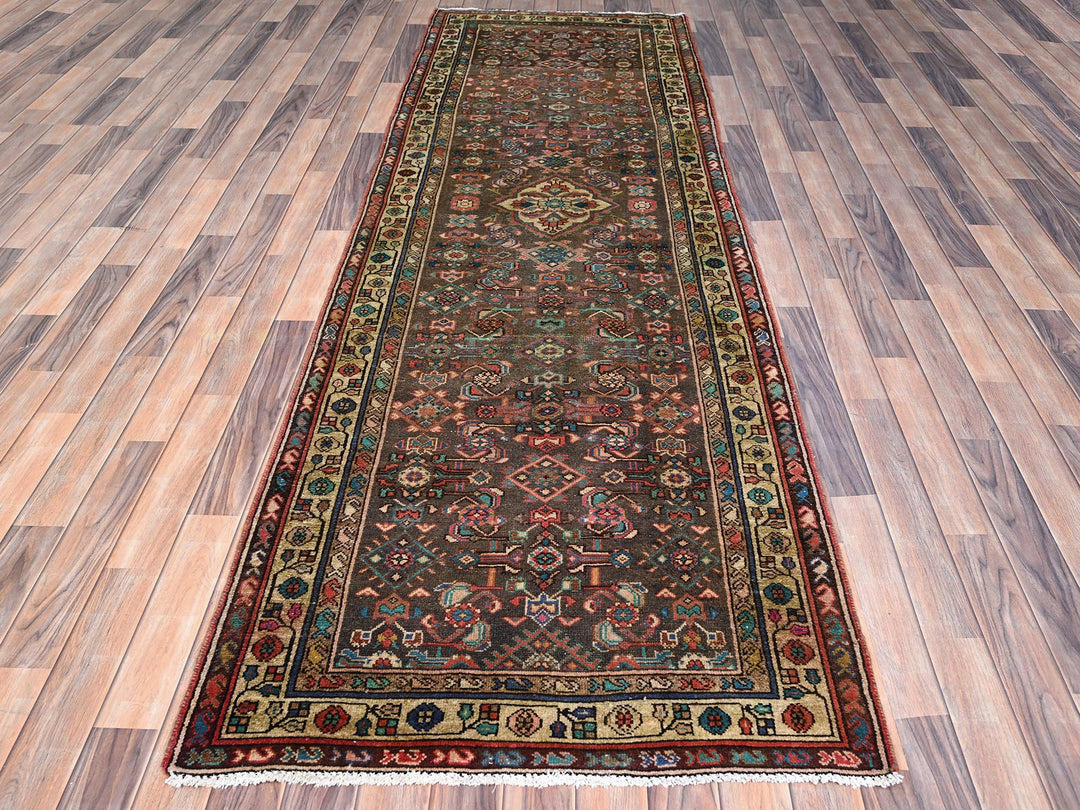 3'5" x 10'4" Vintage Hand Knotted Brown Wool Runner Oriental Rug - MOA10285985
