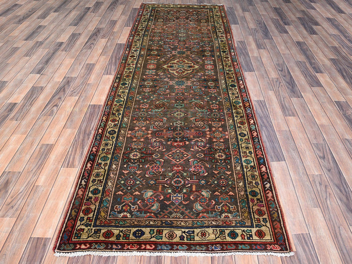 3'5" x 10'4" Vintage Hand Knotted Brown Wool Runner Oriental Rug - MOA10285985
