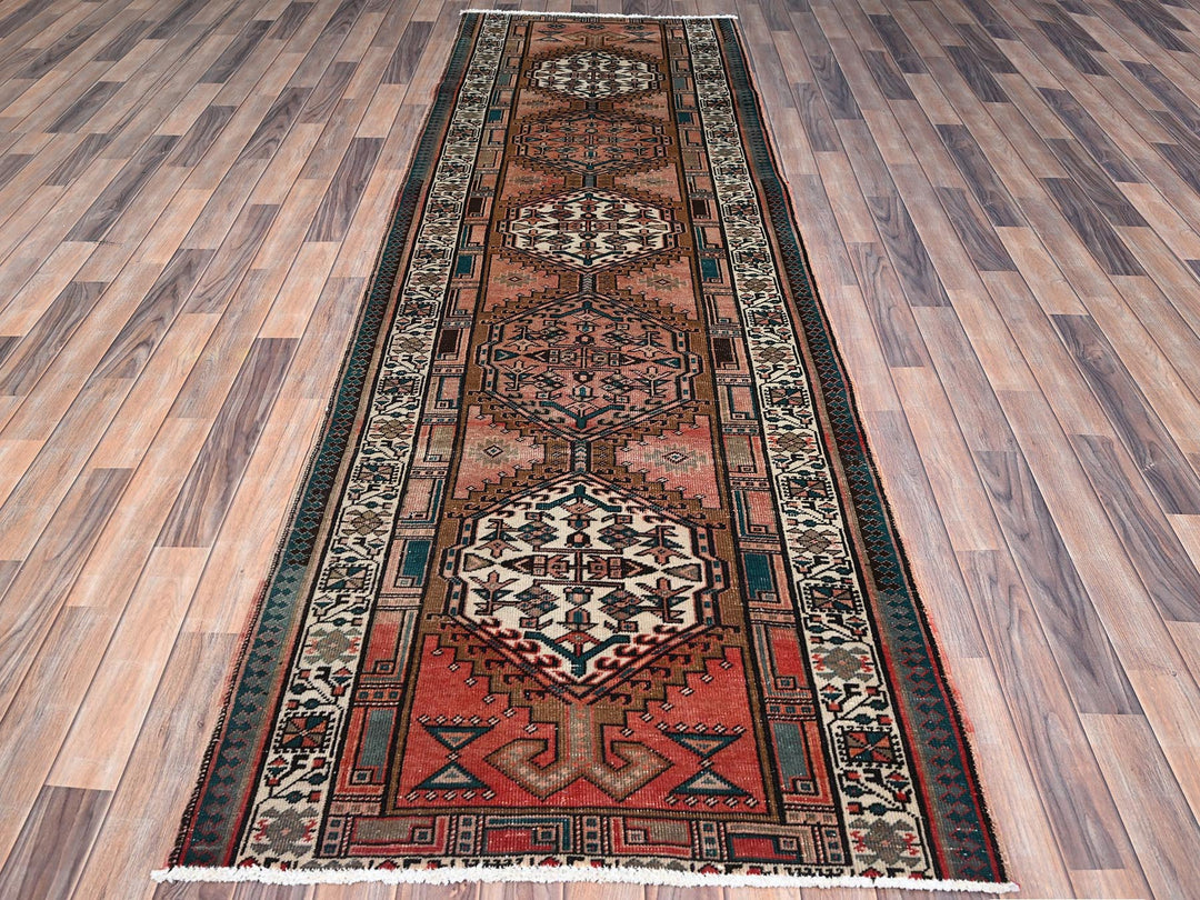 3'5" x 10'2" Vintage Hand Knotted Brown Wool Runner Oriental Rug - MOA10285988