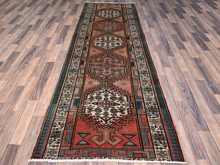 3'5" x 10'2" Vintage Hand Knotted Brown Wool Runner Oriental Rug - MOA10285988
