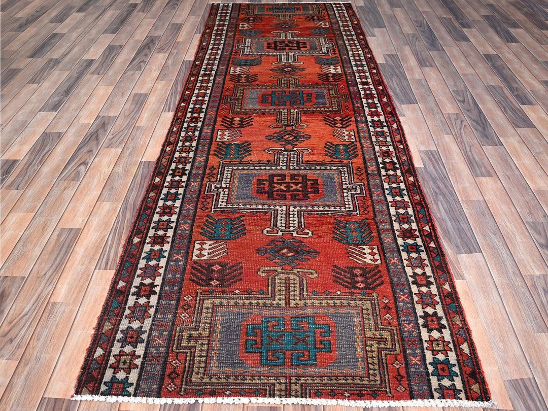 3'5" x 9'8" Vintage Hand Knotted Orange Wool Runner Oriental Rug - MOA10285989