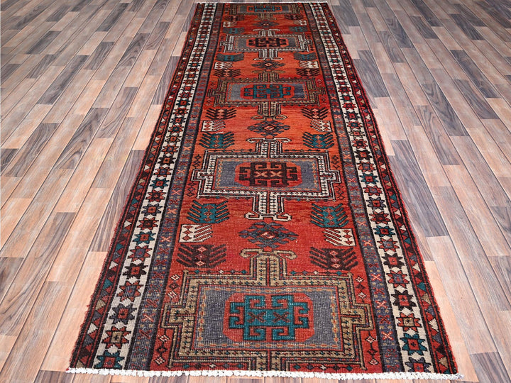 3'5" x 9'8" Vintage Hand Knotted Orange Wool Runner Oriental Rug - MOA10285989