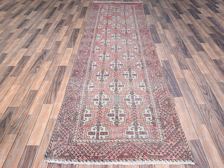 3'2" x 10'9" Vintage Hand Knotted Pink Wool Runner Oriental Rug - MOA10286007
