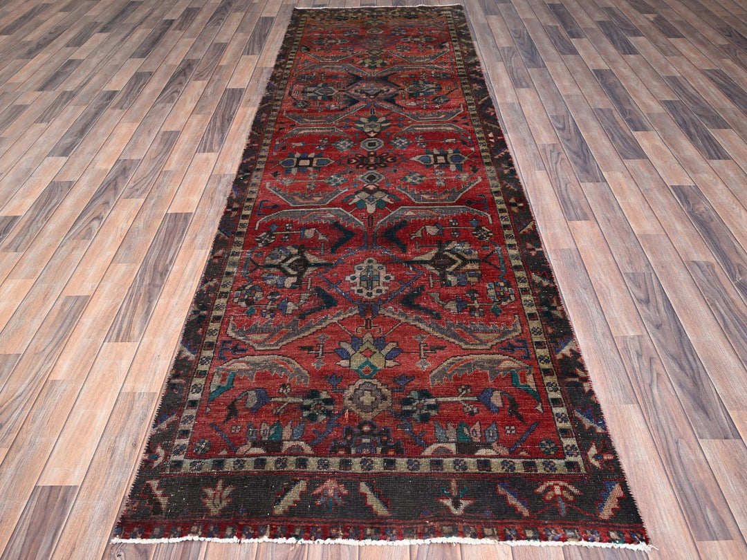3'4" x 10'5" Vintage Hand Knotted Red Wool Runner Oriental Rug - MOA10286024