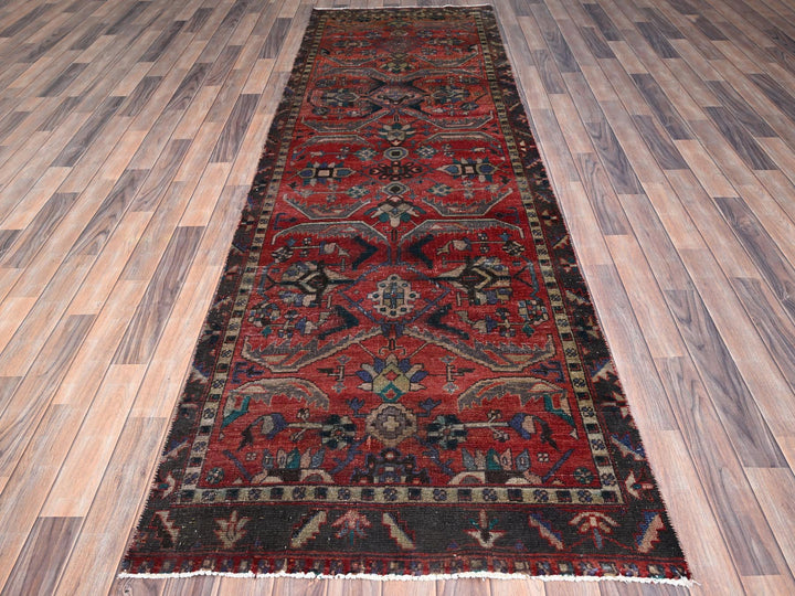 3'4" x 10'5" Vintage Hand Knotted Red Wool Runner Oriental Rug - MOA10286024
