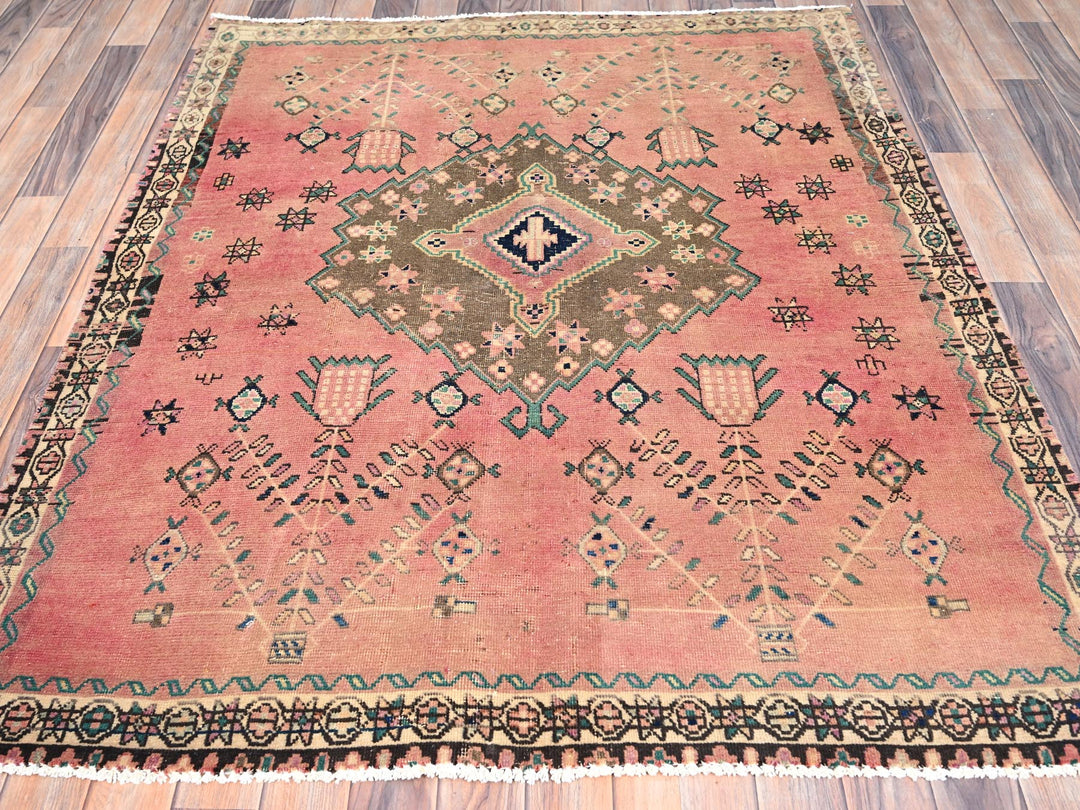 4'10" x 5'10" Vintage Hand Knotted Pink Wool Rectangle Oriental Rug - MOA10286052
