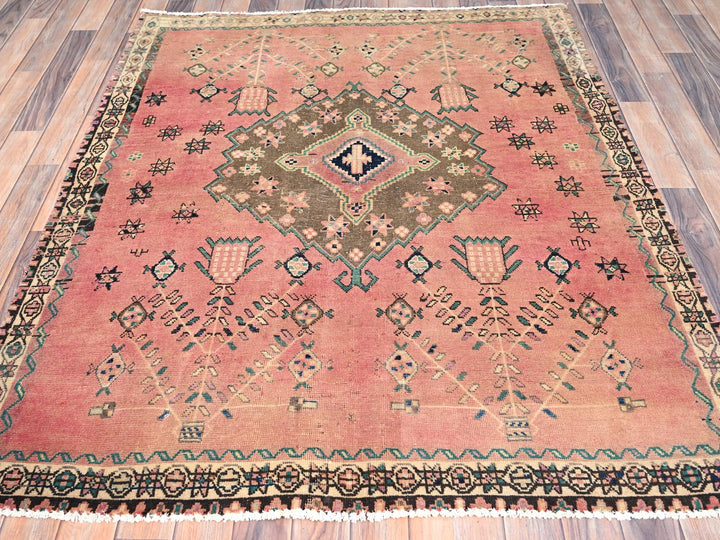 4'10" x 5'10" Vintage Hand Knotted Pink Wool Rectangle Oriental Rug - MOA10286052