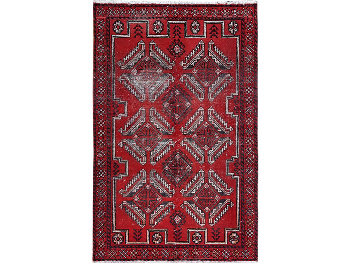 4'0" x 6'5" Vintage Hand Knotted Red Wool Rectangle Oriental Rug - MOA10286068