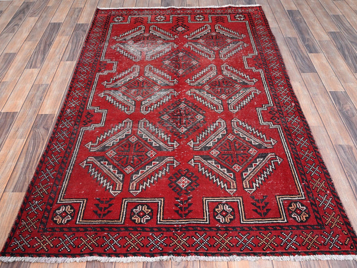 4'0" x 6'5" Vintage Hand Knotted Red Wool Rectangle Oriental Rug - MOA10286068