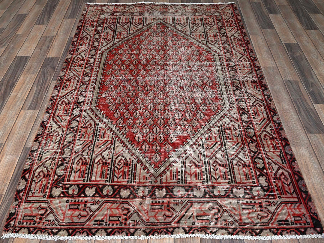 3'10" x 6'1" Vintage Hand Knotted Red Wool Rectangle Oriental Rug - MOA102861