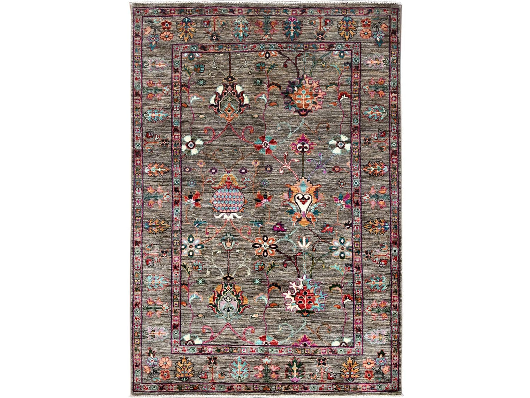 4'1" x 5'11" New Hand Knotted Grey Wool Rectangle Oriental Rug - MOA10286358