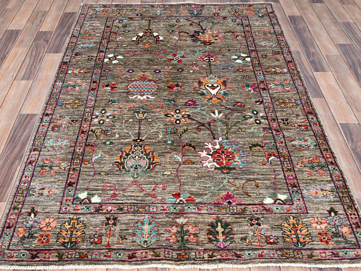 4'1" x 5'11" New Hand Knotted Grey Wool Rectangle Oriental Rug - MOA10286358