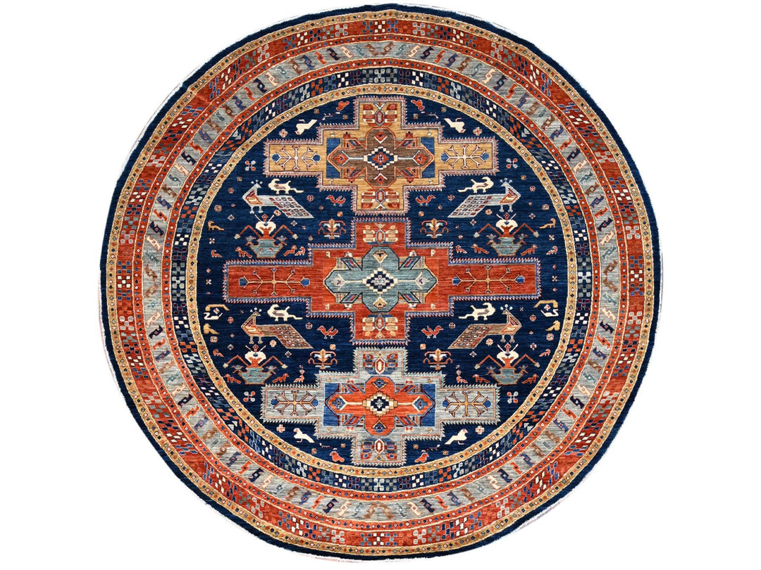 7'11" x 7'11" New Hand Knotted Blue Wool Round Oriental Rug - MOA10286411
