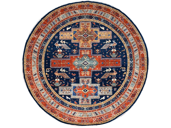 7'11" x 7'11" New Hand Knotted Blue Wool Round Oriental Rug - MOA10286411