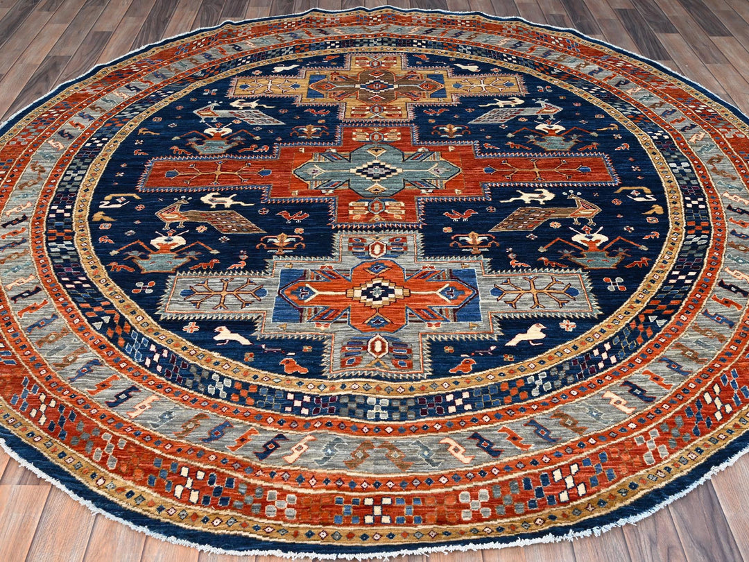 7'11" x 7'11" New Hand Knotted Blue Wool Round Oriental Rug - MOA10286411