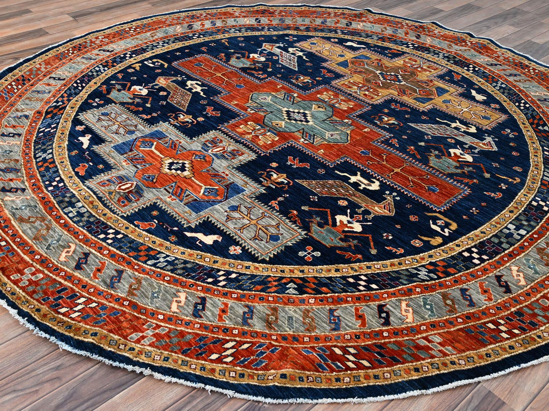 7'11" x 7'11" New Hand Knotted Blue Wool Round Oriental Rug - MOA10286411