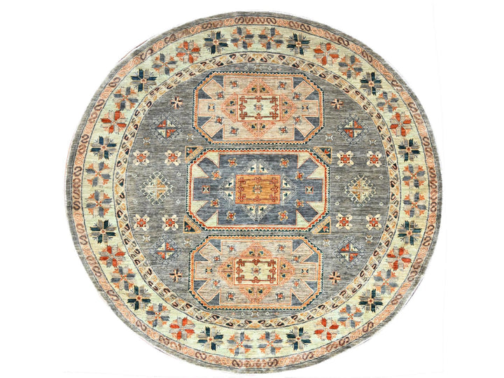 7'11" x 8'2" New Hand Knotted Grey Wool Round Oriental Rug - MOA10286413