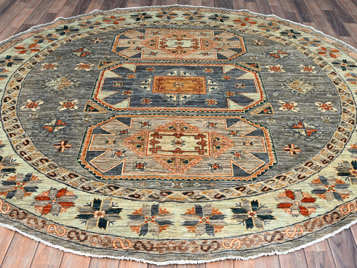 7'11" x 8'2" New Hand Knotted Grey Wool Round Oriental Rug - MOA10286413