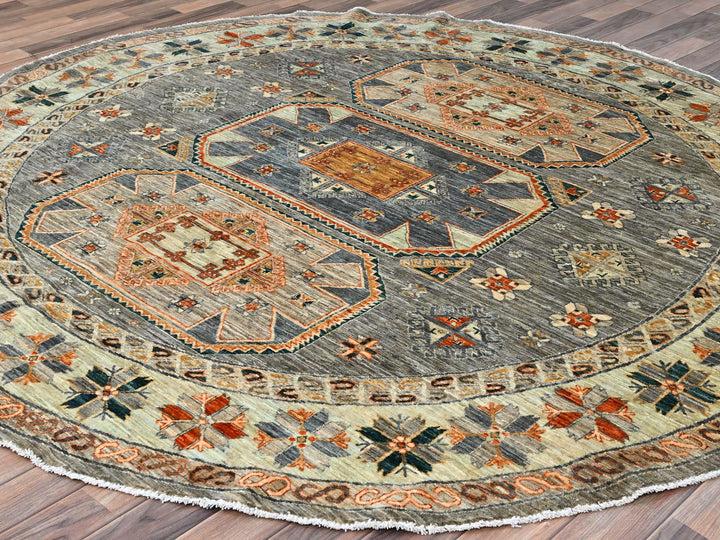 7'11" x 8'2" New Hand Knotted Grey Wool Round Oriental Rug - MOA10286413