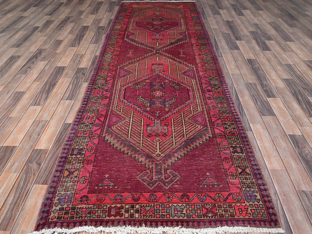 3'8" x 10'10" Vintage Hand Knotted Pink Wool Runner Oriental Rug - MOA10286660